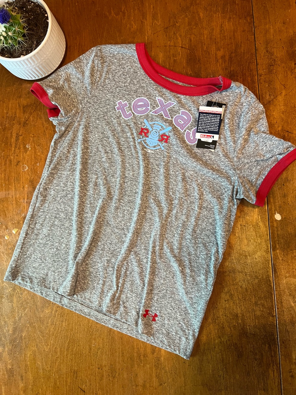Under Armour Kids Gray Ringer Tee with Red Trim and Texas Graphic